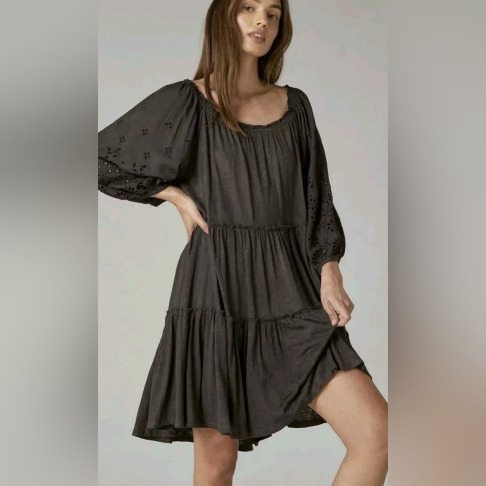 Lucky Brand Black Tiered Dress, Balloon Eyelet Long Sleeves Size Large NEW W/T